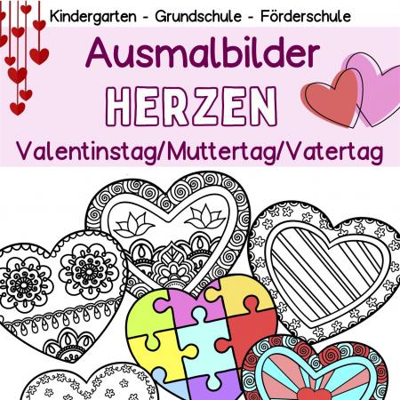 Herzen Ausmalbilder Bastelvorlage für Kinder Muttertag Valentinstag Vatertag