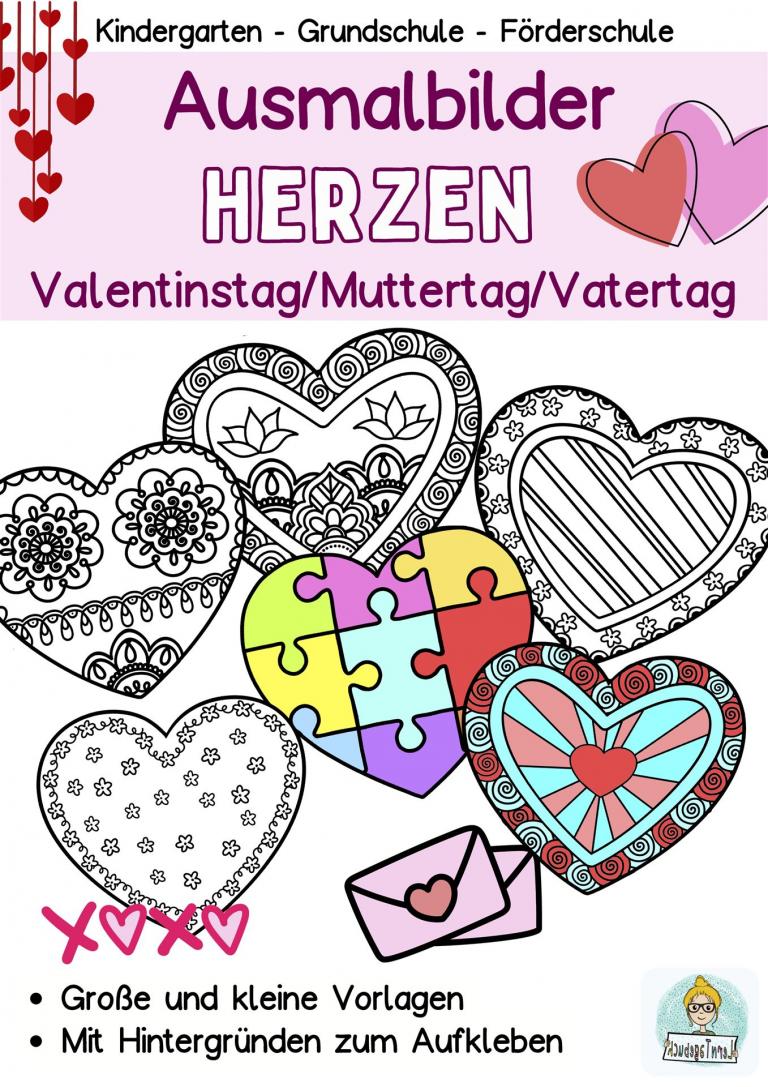 Herzen Ausmalbilder Bastelvorlage für Kinder Muttertag Valentinstag Vatertag