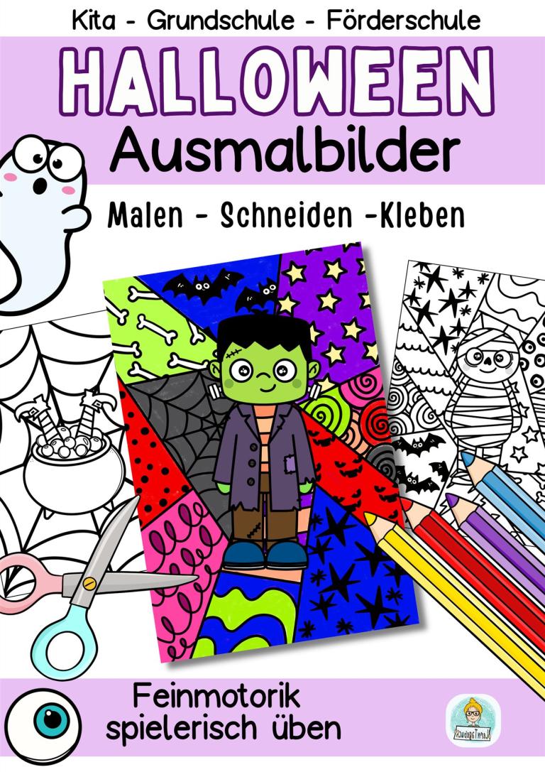 Halloween Ausmalbilder für Kinder im Kindergarten, Grundschule und in der Förderschule zum basteln 