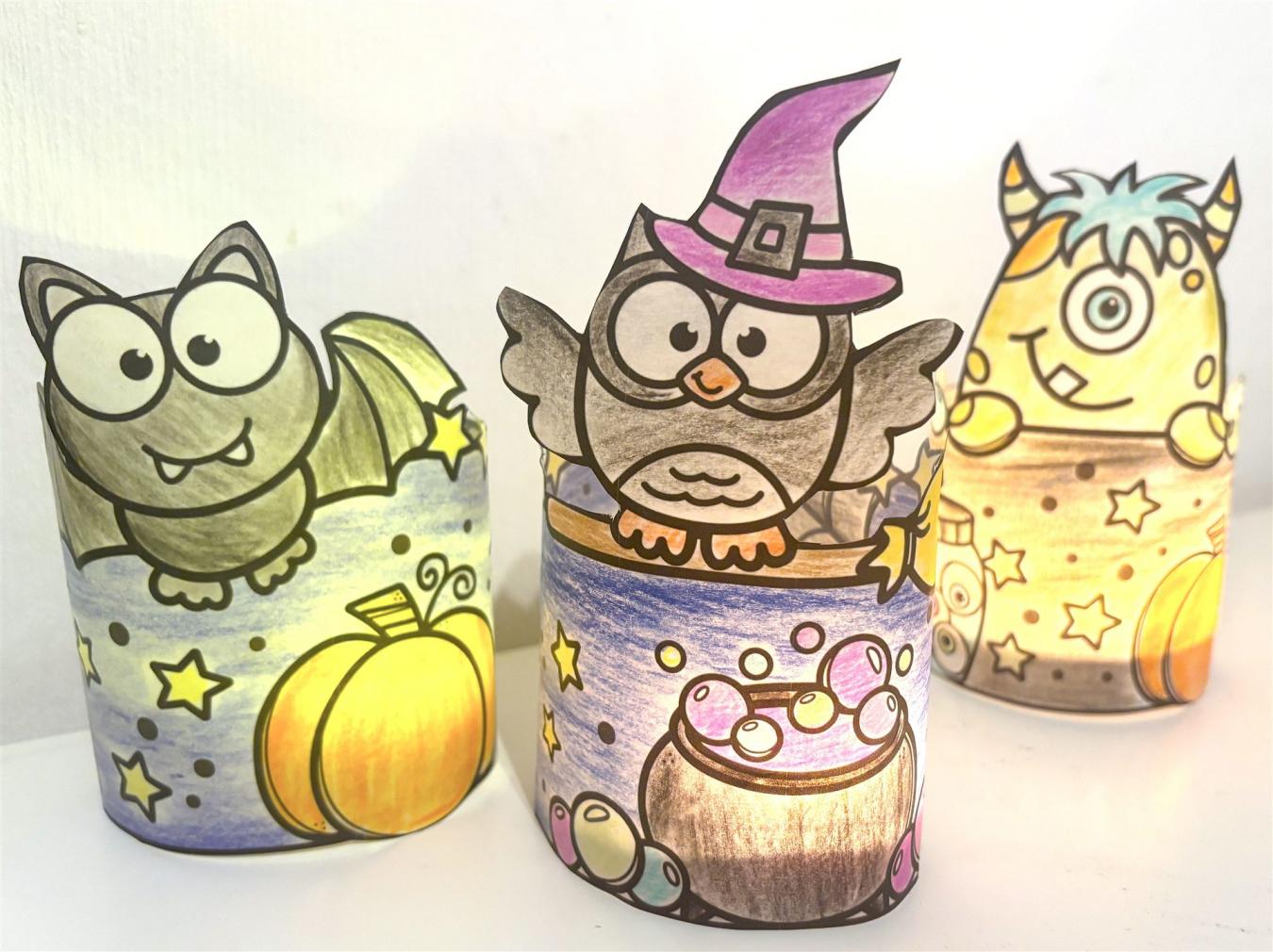 Halloween Bastelvorlage für Halloweendeko Windlichter und Tischlichter zum Ausmalen für Kinder