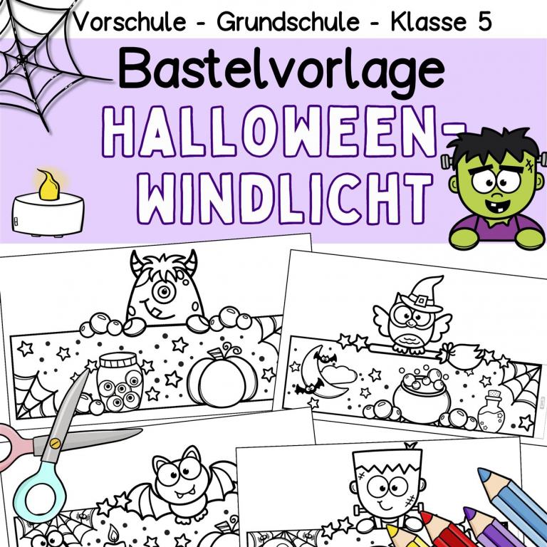 Halloween-Windlicht basteln mit Kindern-Vorlagen
