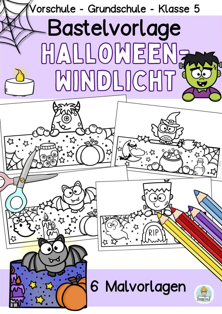 Halloween-Windlicht basteln mit Kindern-Vorlagen