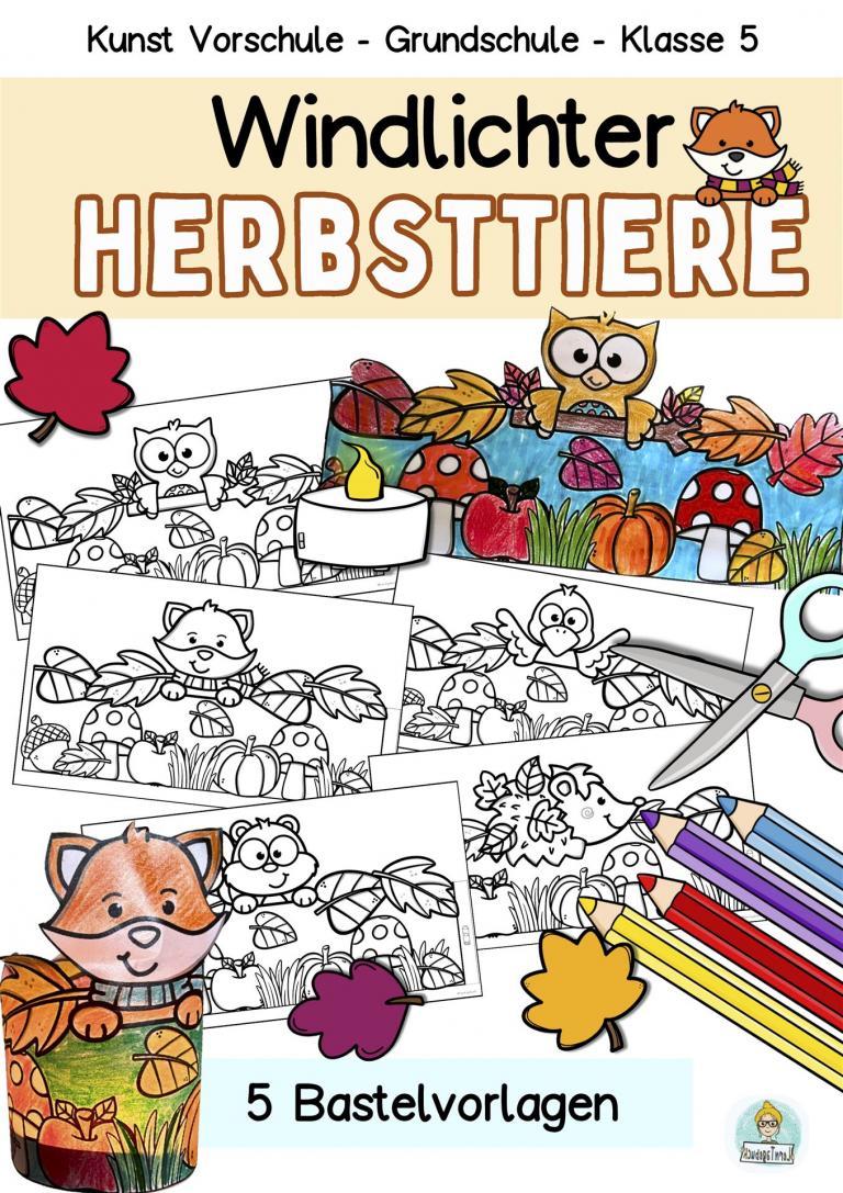 Herbst Windlichter Bastel mit Kinder im Kindergarten und Grundschule, Bastelvorlage aus Papier