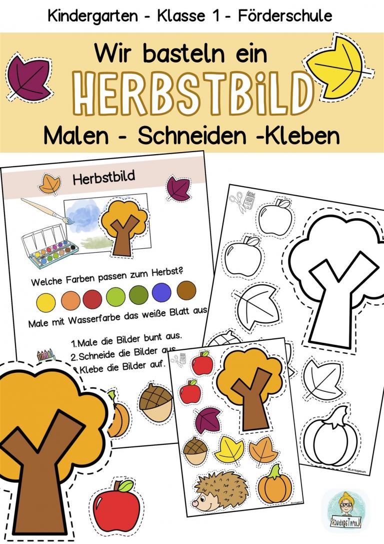 Herbst Basteln Schneiden Malen mit Kinder im Kindergarten, Vorschule, Grundschule Klasse 1, Förderschule, Feinmotorik Übungen