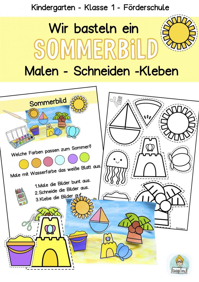 Sommer Basteln schneiden Malen mit Kindern im Kindergarten, Förderschule, Klasse 1, Vorschule