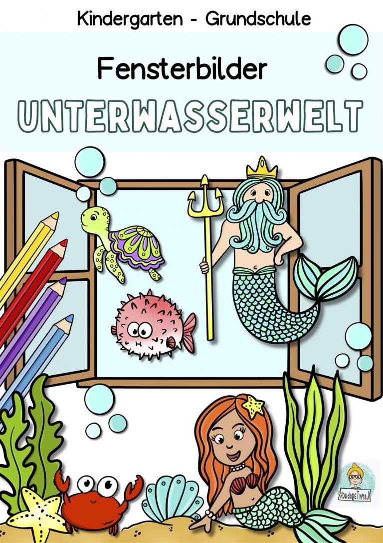 Sommer-Fensterbilder-basteln mit Kindern-Meerjungfrau-Unterwasserwelt