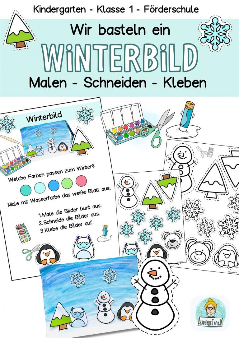 Winter Basteln schneiden Malen Kinder Kindergarten Förderschule Klasse 1 Vorschule