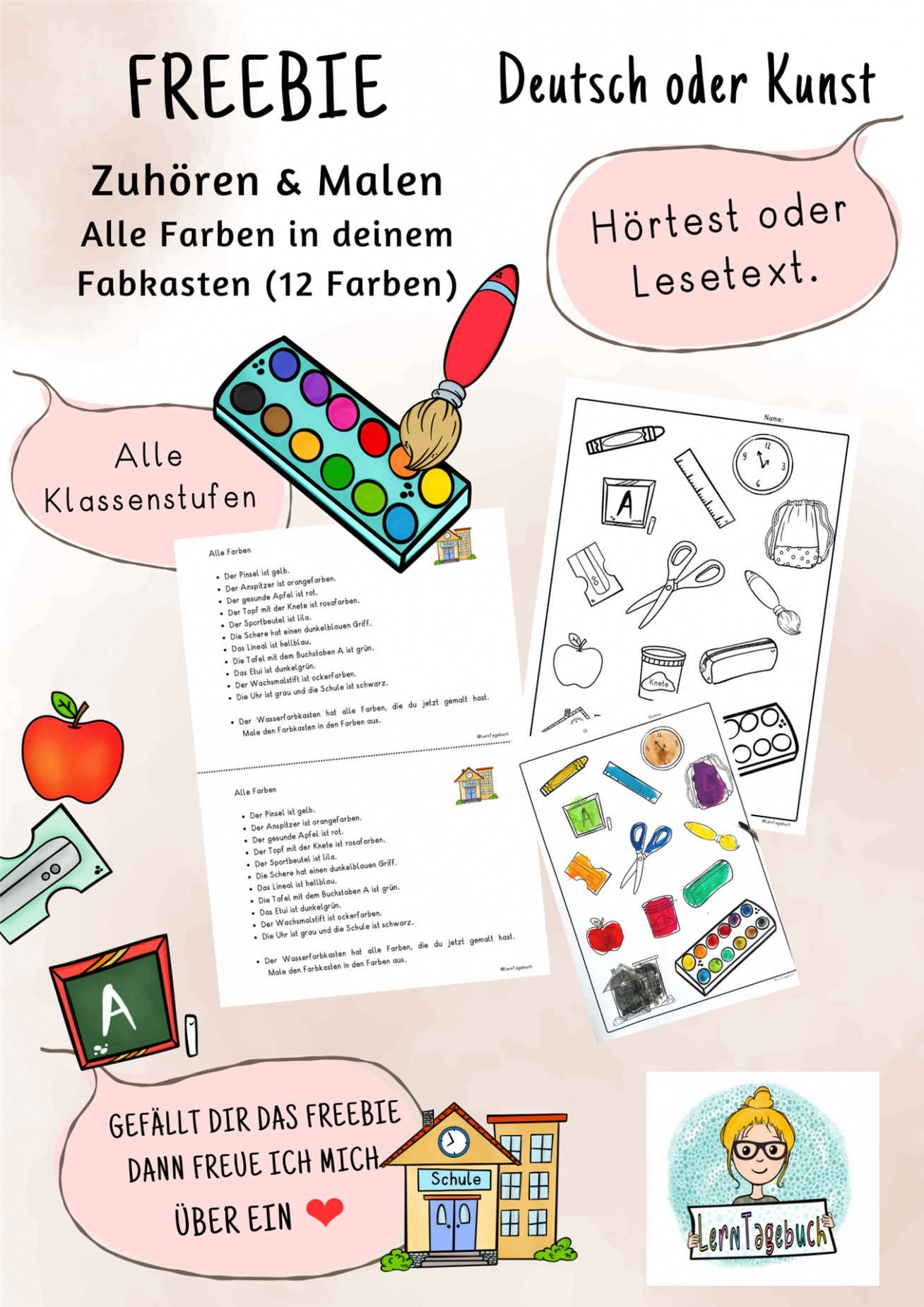 Kostenlose Hörübung für Kinder im Kindergarten, Vorschule, Grundschule, Förderschule oder im DaZ-Unterricht zu den Farben im Farbkasten.