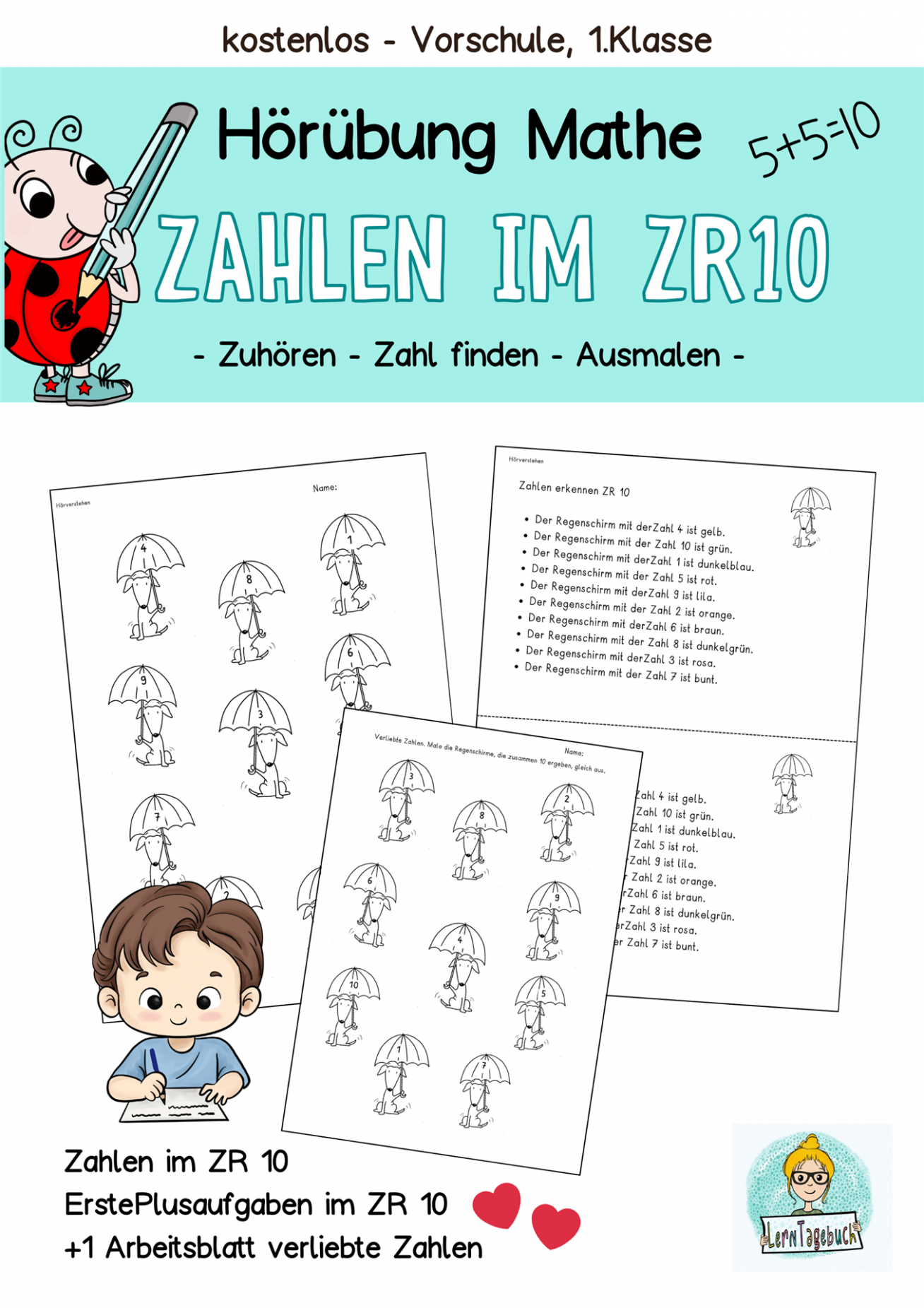 1.Klasse, Vorschule Mathe Zahlenraum 10, kostenlos verliebte Zahlen