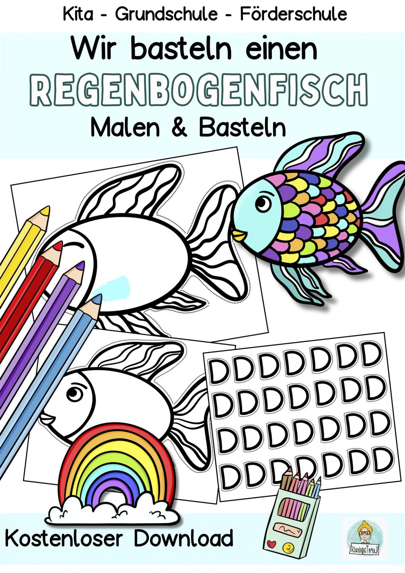 Kostenlose Ausmalbild und Bastelvorlage Regenbogenfisch für Kinder pdf ausdrucken