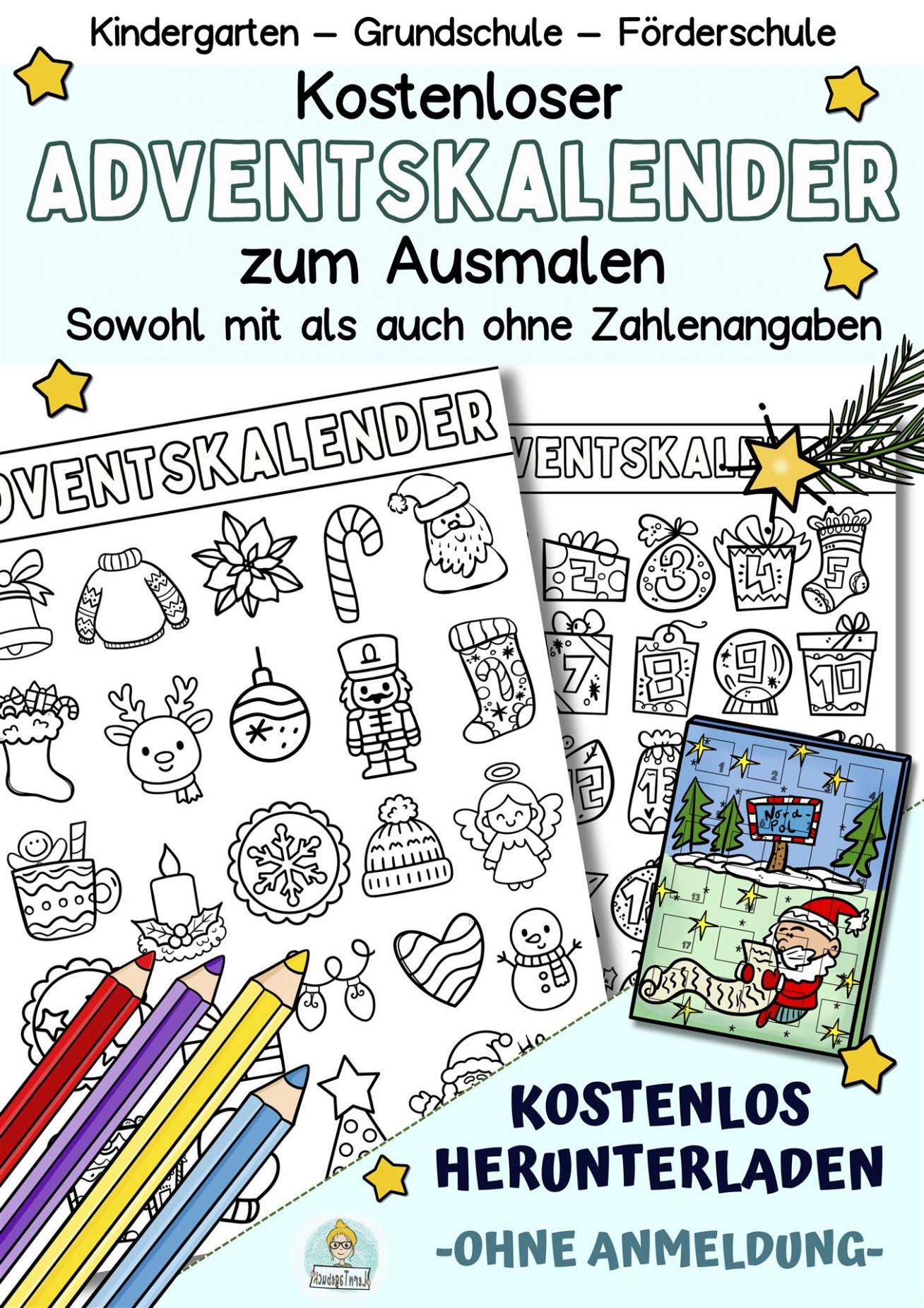 Kostenloser Adventskalender für Kinder zum Ausmalen, Ausdrucken
