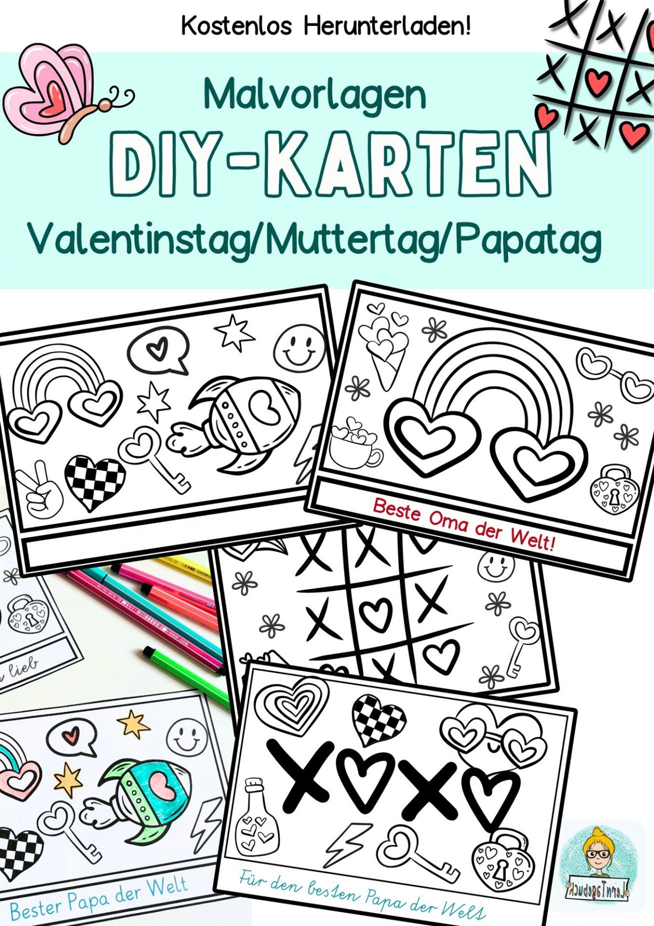 kostenlos DIY Karten Basteln mit Kindern Muttertag, Vatertag, Geburtstag oder Valentinstag