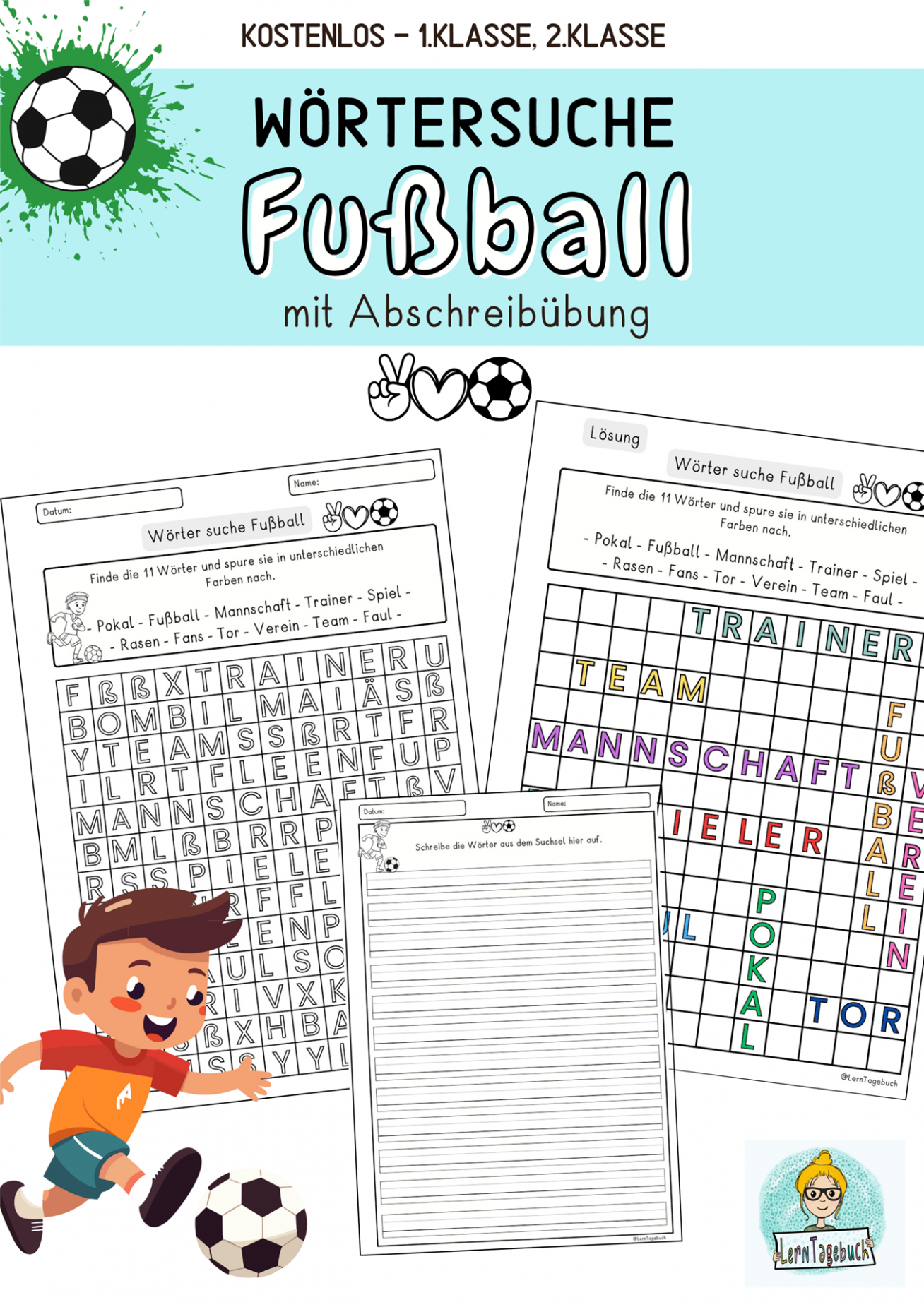 Kostenlos Wörter schreiben, suchen Fußball Klasse 1, Klasse 2, Deutsch