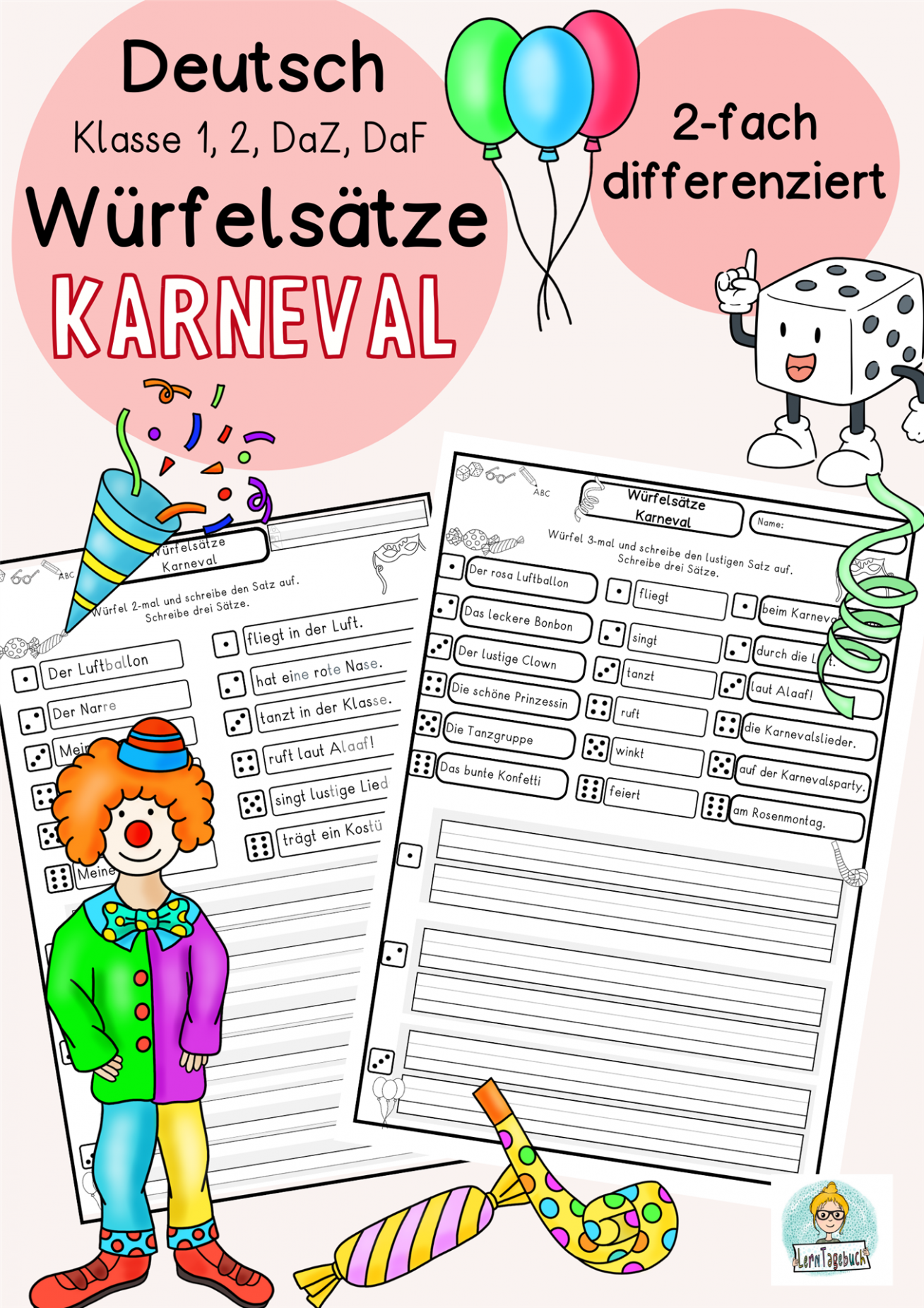 Kostenlose Würfelsätze-Karneval-Fasching Klasse 1, Klasse 2, DaZ, DaF, erste Sätze schreiben