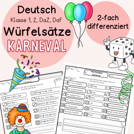 Kostenlose Würfelsätze-Karneval-Fasching Klasse 1, Klasse 2, DaZ, DaF, erste Sätze schreiben