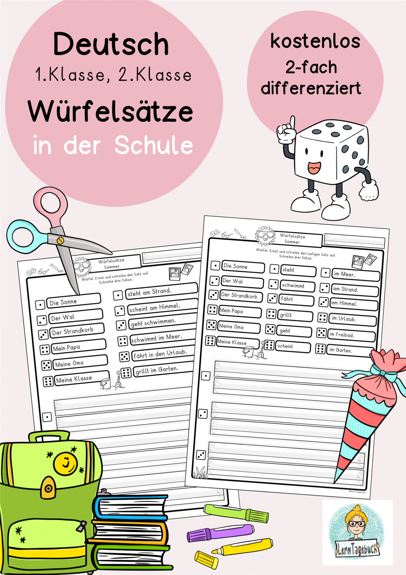 kostenlos Würfelsätze Schule 1.Klasse, 2.Klasse, DaZ Sätze schreiben