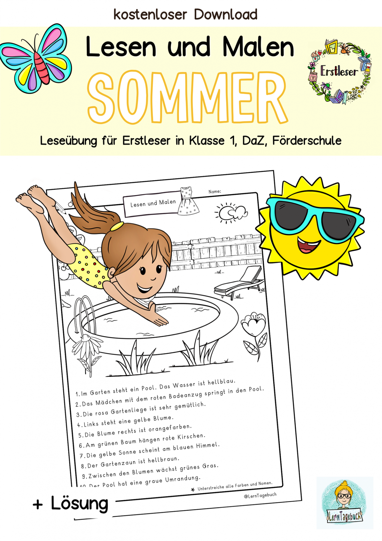 kostenloses Arbeitsblatt Lesen und Malen, Leseübung Klasse 1, DaZ Sommer, Lesenlernen