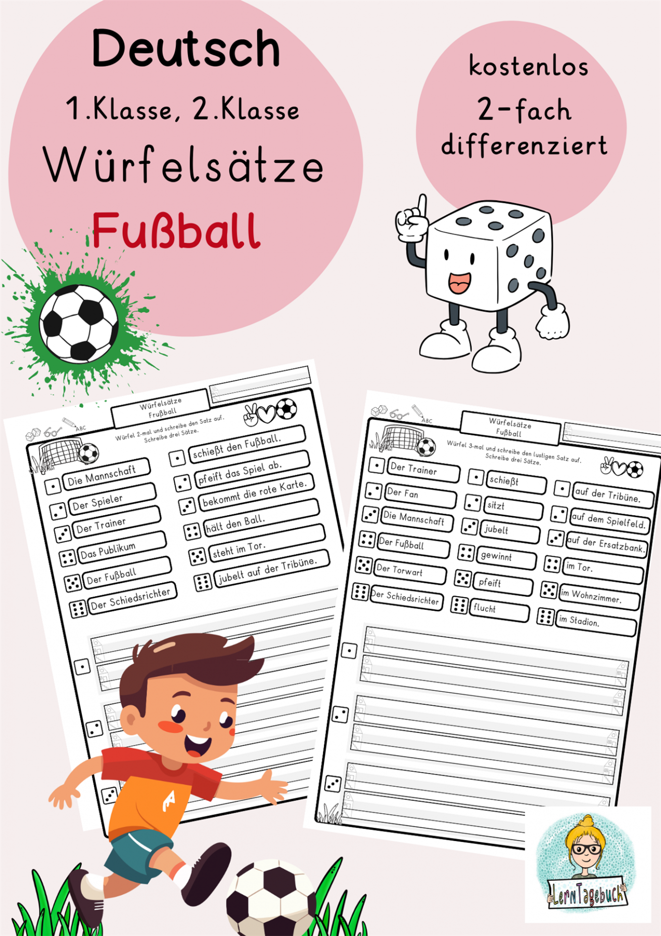 Würfel, Würfelsätze kostenlos, Sätze schreiben Fußball 1.Klasse, 2.Klasse, DaZ