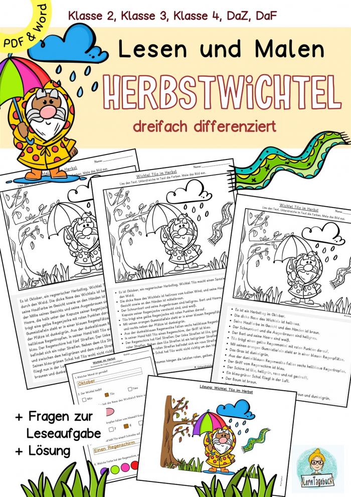 Lerntagebuch - Lesen und Malen Herbst-Wichtel (differenziert)