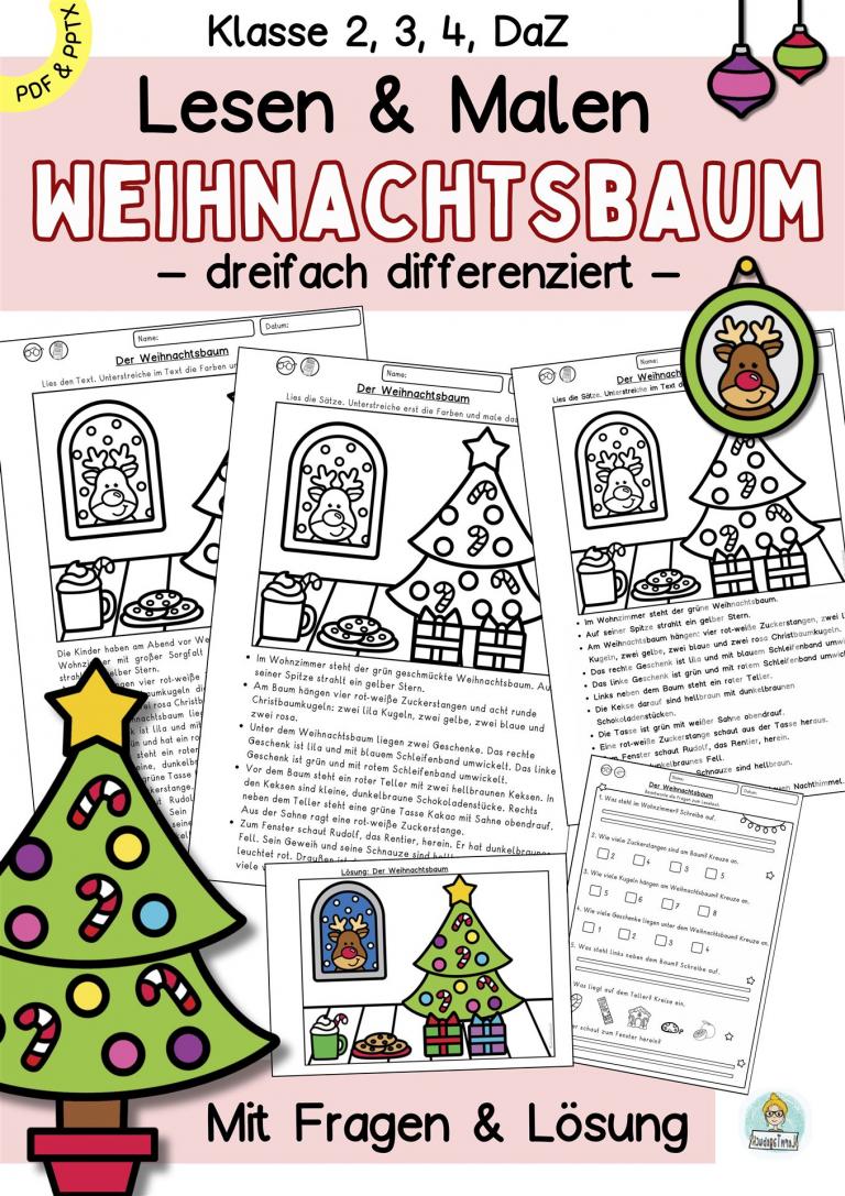 Leseübung Lesen und Malen Weihnachten zum Lesenlernen und Leseverstehen Deutsch Klasse 2, 3, 4, DaZ