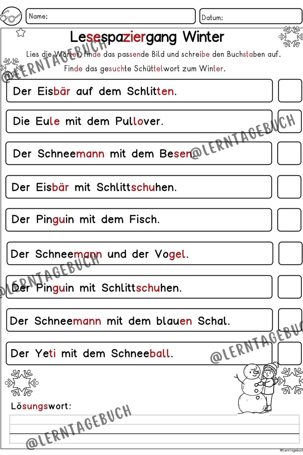 Lesespaziergang Klasse 1, DaZ, Winter