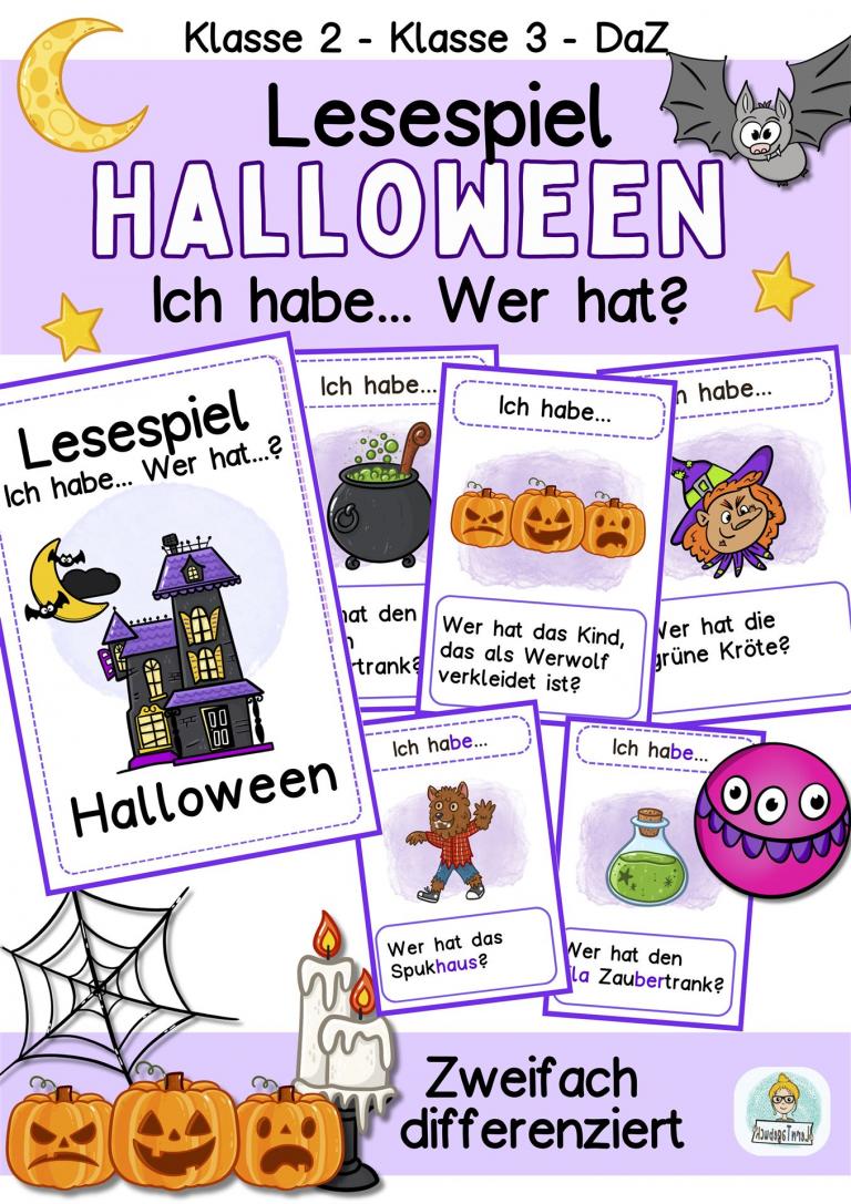 Halloween Lesespiel Ich habe, Wer hat, Lesen lernen Klasse 2, 3, daz