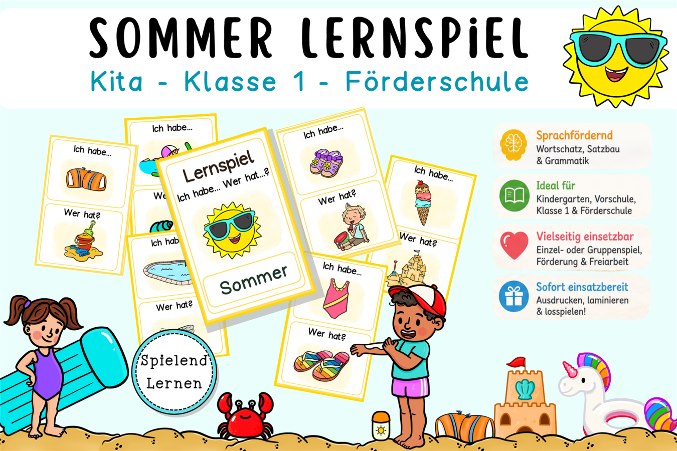 sommer lernspiel Förderspiel zur wortschatzarbeit, Sprachfoerderung im Kindergarten, DaZ, Klasse 1 und Förderschule