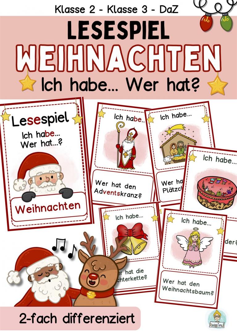 Lesespiel Weihnachten Ich habe Wer hat zum Lesen lernen Klasse 2, 3, DaZ