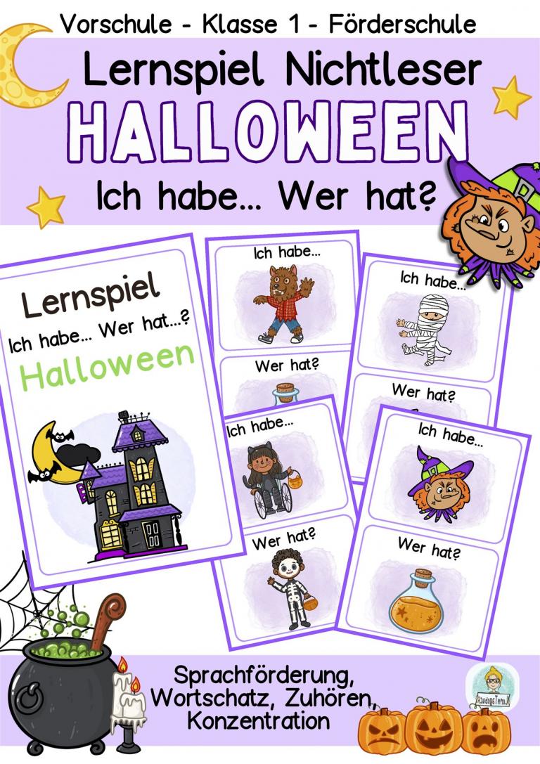 Halloween Lernspiel für Nichtleser zur Sprachförderung im Kindergarten, Vorschule, Fördermaterial und 1.Klasse