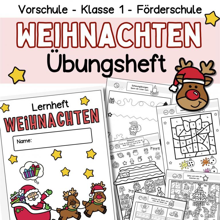 Weihnachten Arbeitsblätter mit Übungen für die Vorschule und Fördermaterial Klasse 1 Mathe und Deutsch