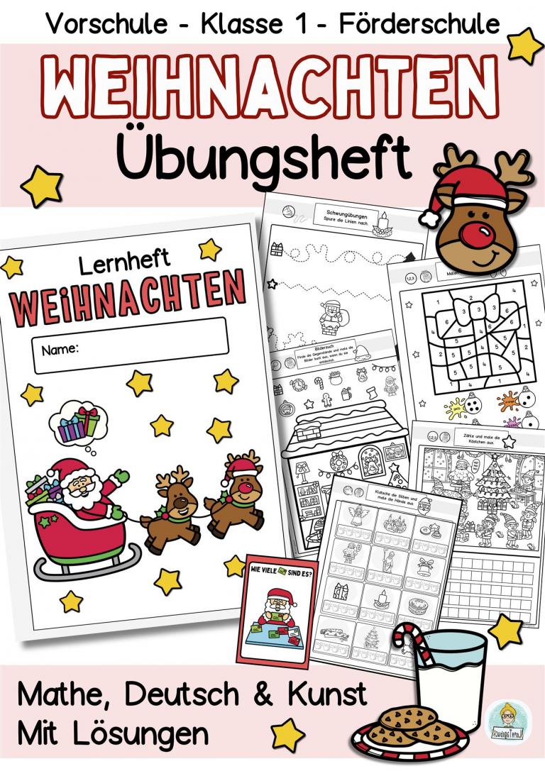 Weihnachten Arbeitsblätter mit Übungen für die Vorschule und Fördermaterial Klasse 1 Mathe und Deutsch