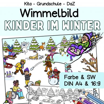 Einfaches Wimmelbild, Suchbild Winter für den Kindergarten, Vorschule, Grundschule und DaZ-Unterricht