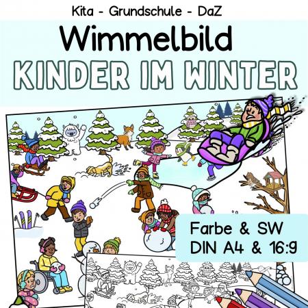 Einfaches Wimmelbild, Suchbild Winter für den Kindergarten, Vorschule, Grundschule und DaZ-Unterricht