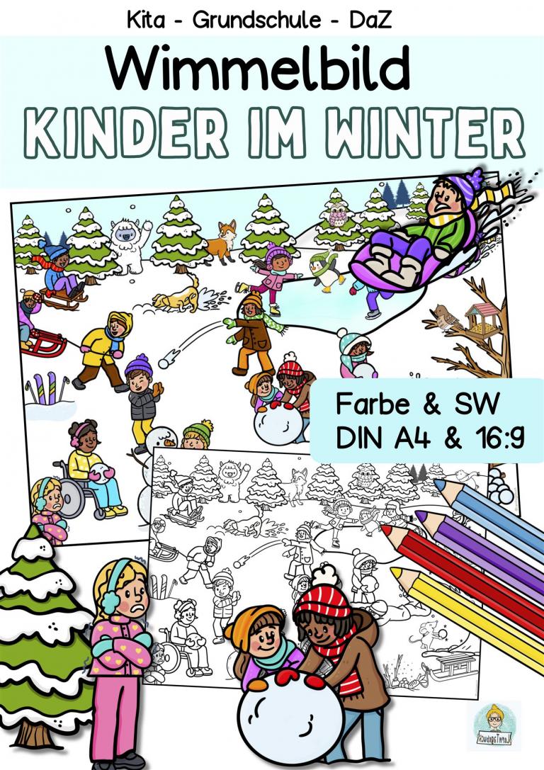 Einfaches Wimmelbild, Suchbild Winter für den Kindergarten, Vorschule, Grundschule und DaZ-Unterricht