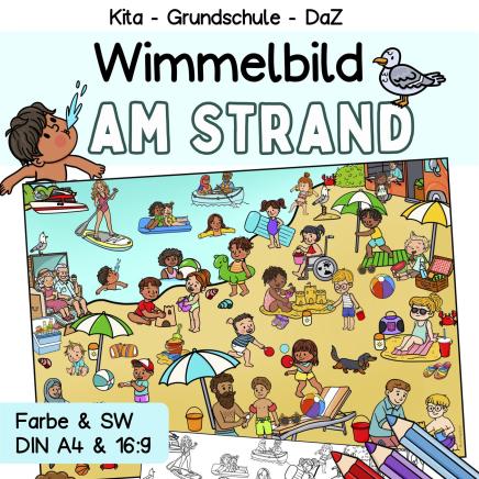 Einfaches Sommer Wimmelbild-am Strand zum Ausmalen für Kinder