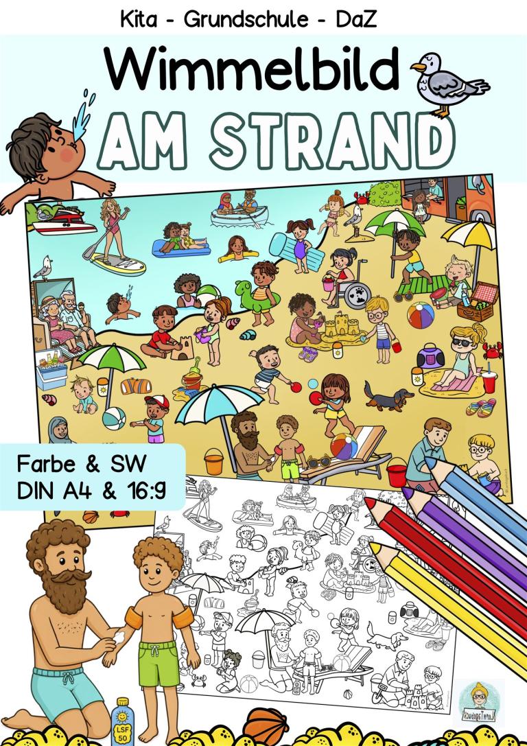 Einfaches Sommer Wimmelbild-am Strand zum Ausmalen für Kinder
