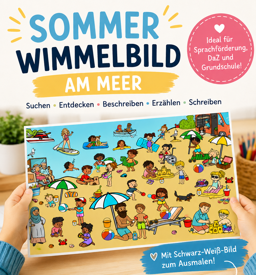 Wimmelbild Sommer-Strand für Kinder zum Ausmalbild 
