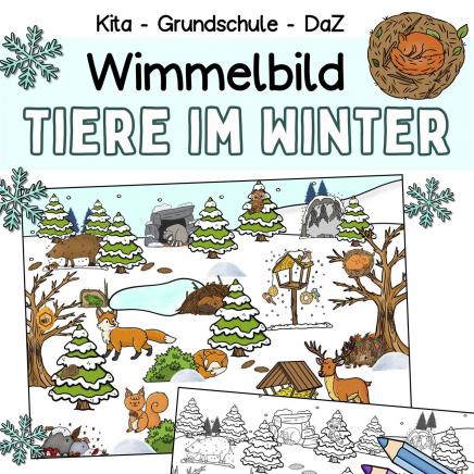 Wimmelbild Suchbild einfach Tiere im Winter 