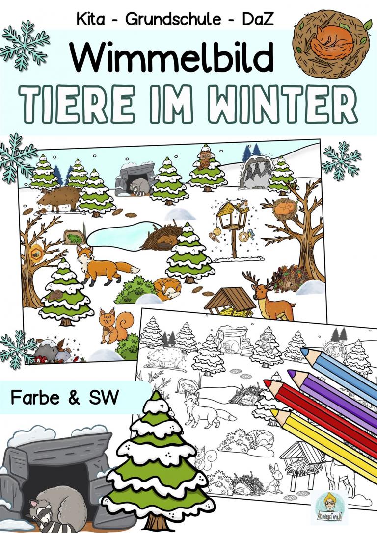Wimmelbild Suchbild einfach Tiere im Winter 