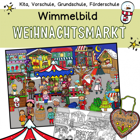 Wimmelbild, Suchbild Weihnachten auf dem Weihnachtsmarkt