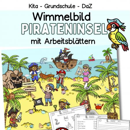 Sommer Wimmelbild, Suchbild mit Arbeitsblättern Piraten, Schatzsuche für Kinder