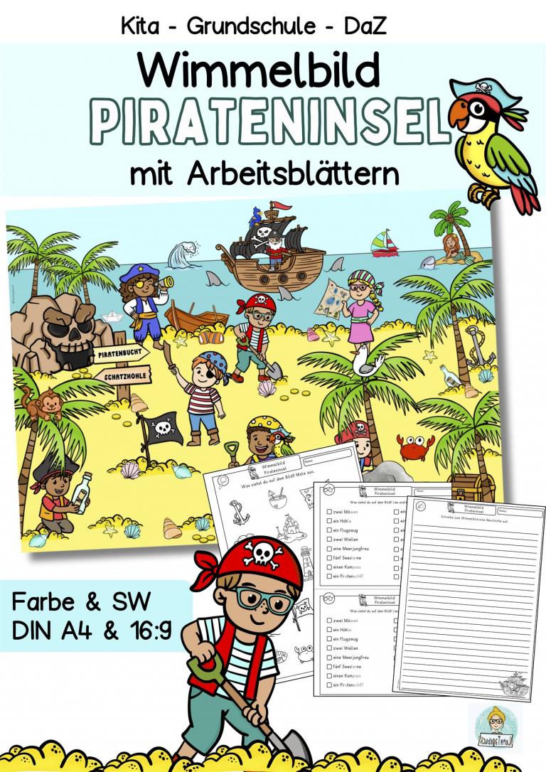 Sommer Wimmelbild, Suchbild mit Arbeitsblättern Piraten, Schatzsuche für Kinder