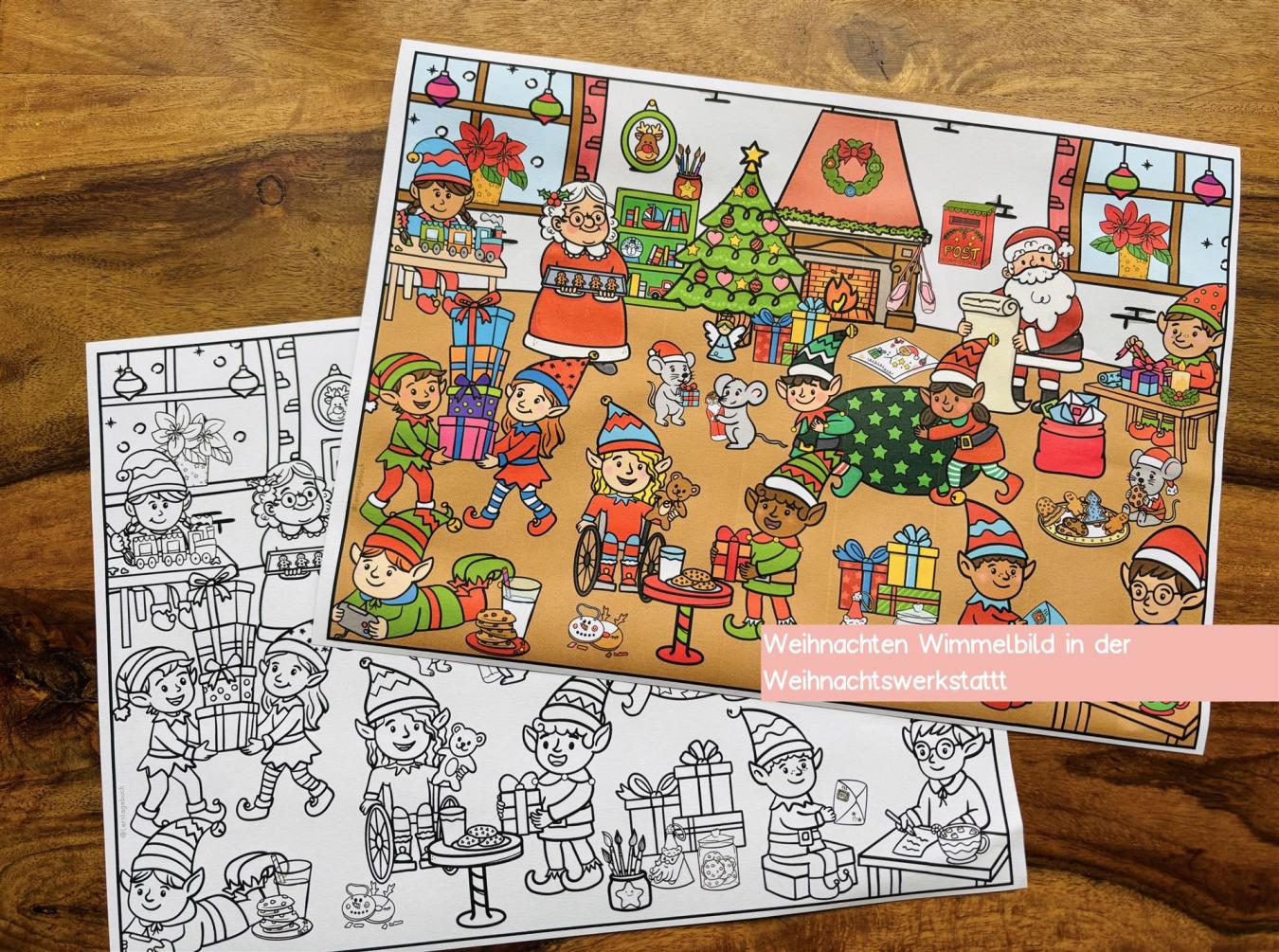 Weihnachten Wimmelbild zum Ausdrucken und Ausmalen Weihnachtsmann und Wichtel