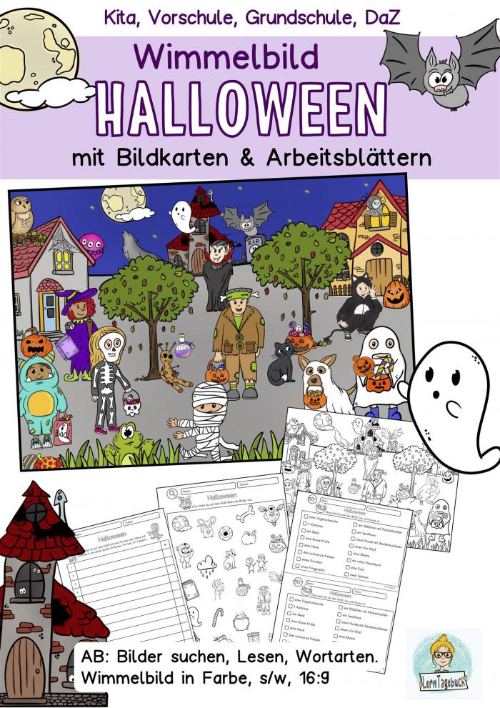Lerntagebuch - Wimmelbild Halloween mit Bildkarten und Arbeitsblättern