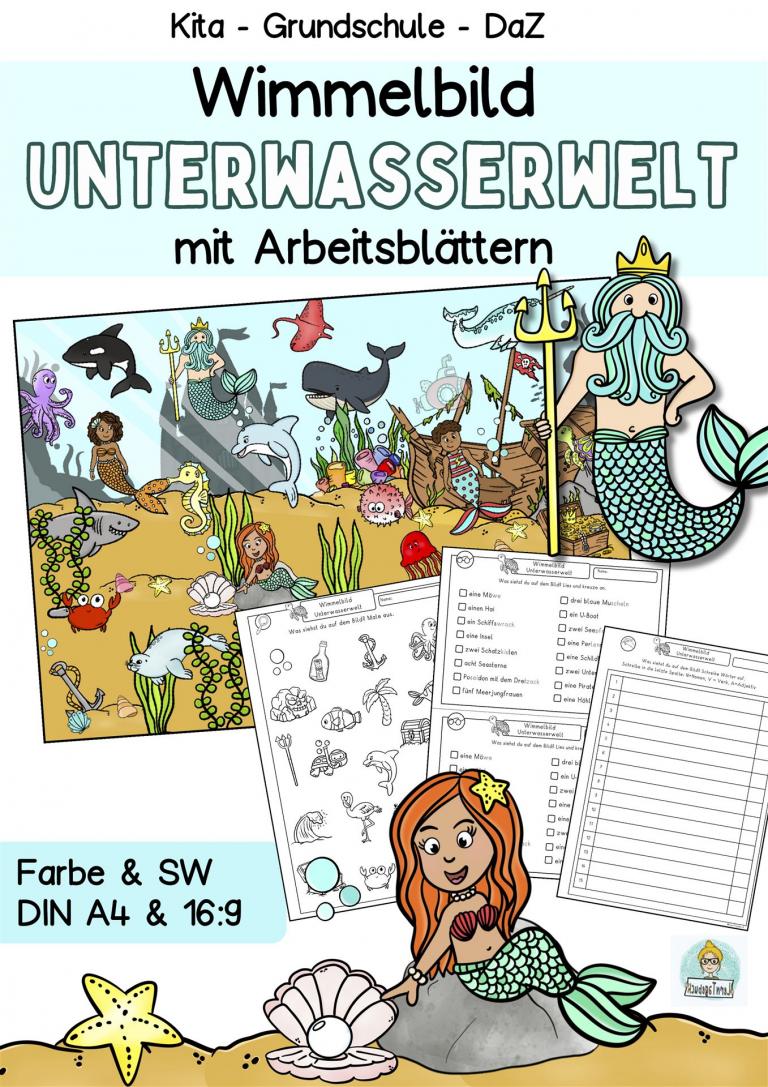 Sommer Wimmelbild, Suchbild im Meer mit Arbeitsblättern Grundschule, Kindergarten
