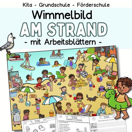 Sommer Wimmelbild und Suchbild am Strand mit Arbeitsblätter zur Bildbeschreibung