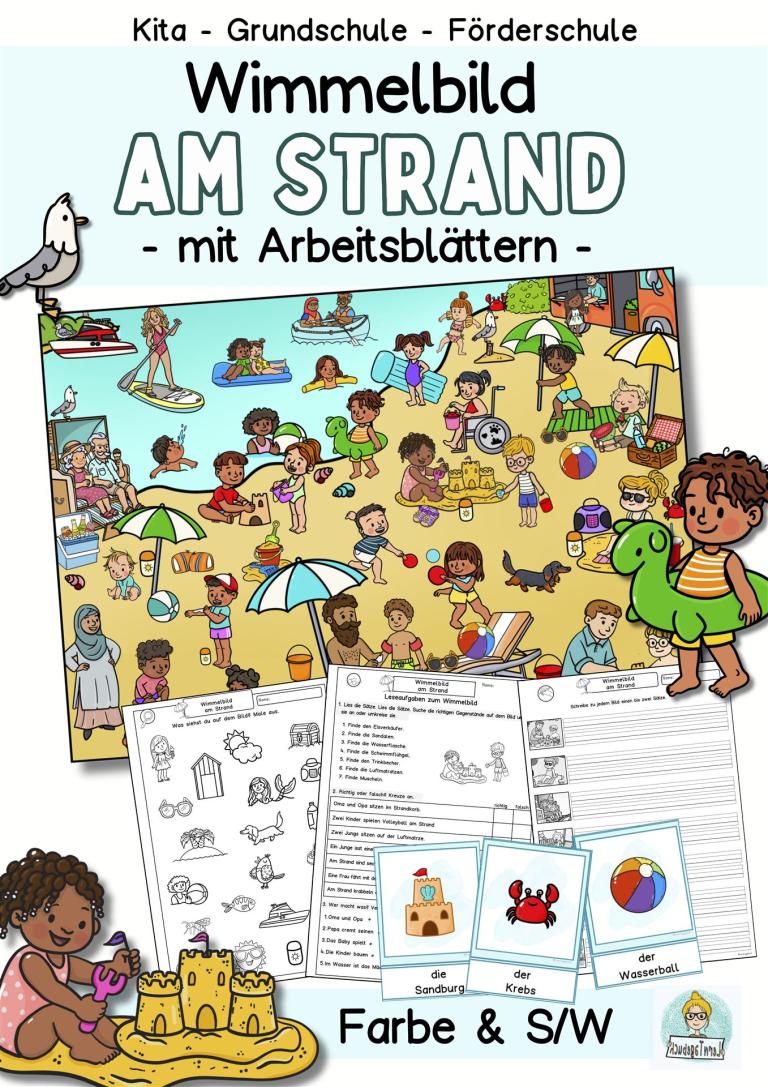Sommer Wimmelbild und Suchbild am Strand mit Arbeitsblätter zur Bildbeschreibung