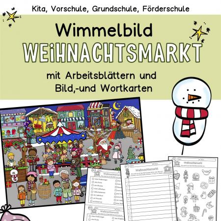 Wimmelbild Weihnachtsmarkt mit Arbeitsblättern Grundschule
