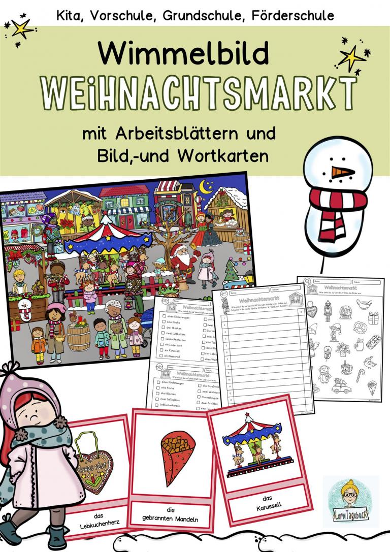 Wimmelbild Weihnachtsmarkt mit Arbeitsblättern Grundschule